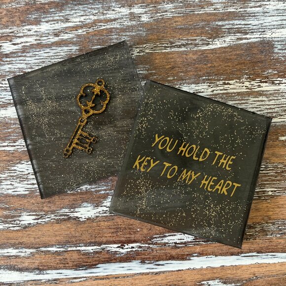 You Hold the Key to My Heart Glitter Resin Drink Coasters Set of 4 House Gift - Picture 4 of 5